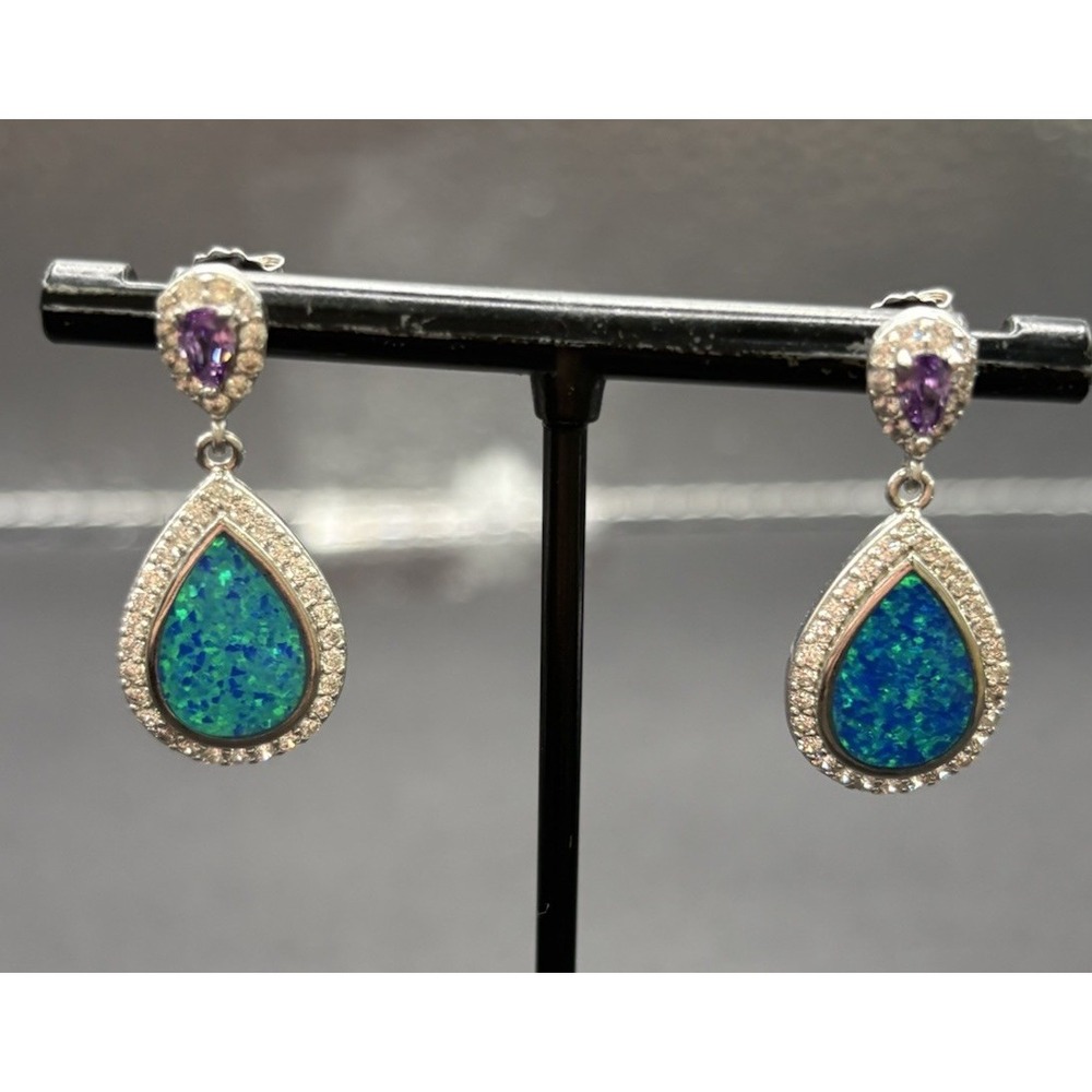 New Condition Sterling Silver Lab Blue Opal Purple Cubic Zirconia Earrings H25